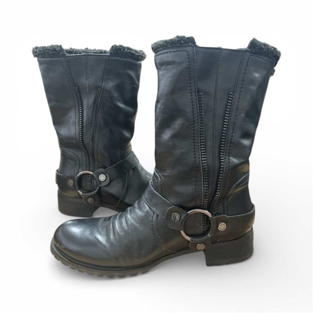 RUDSAK Black Leather Faux Fur Lined Moto Boots
